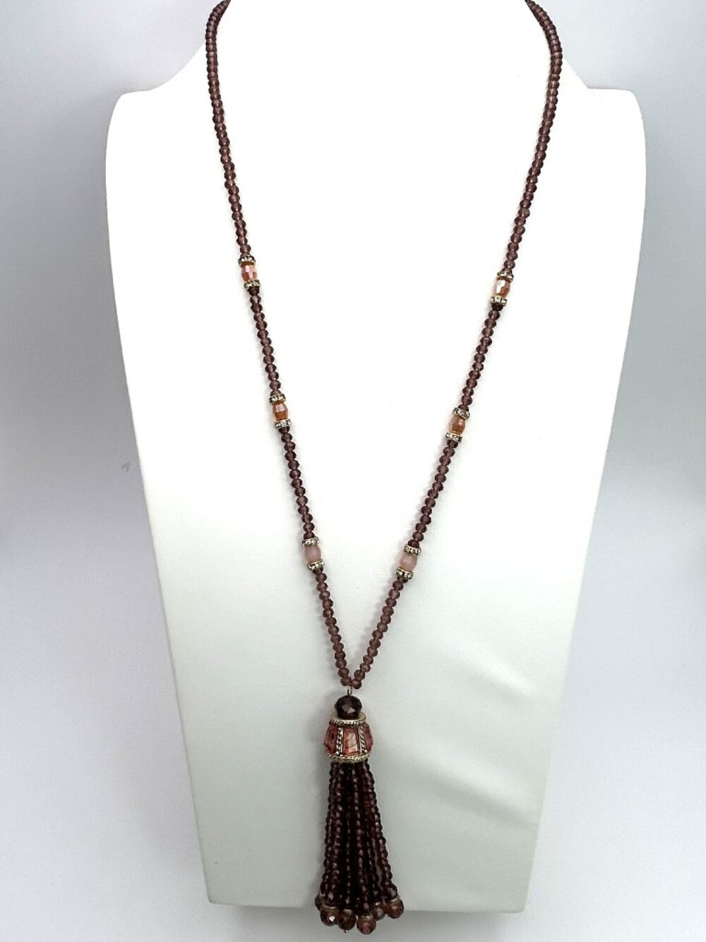 Long Beaded Tassel Necklace Cognac Crystal Statement Boho Pendant Rhinestone